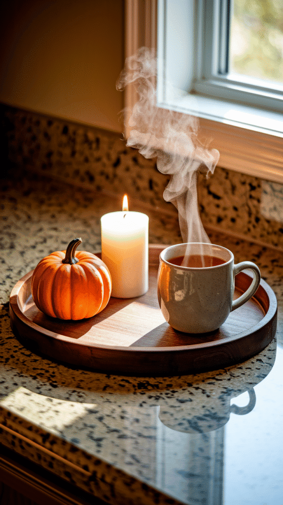 Fall kitchen decor countertops with a rustic tray.