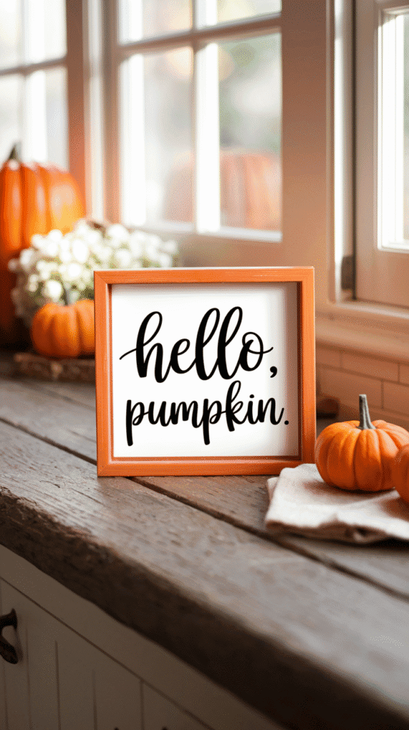 Fall kitchen decor countertops with a quote sign.