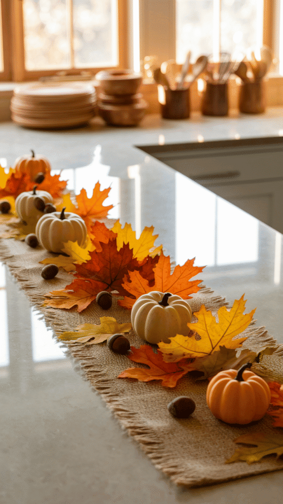 Fall kitchen decor countertops with a table runner.