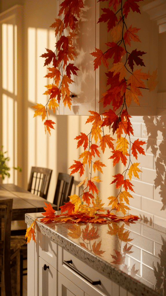 Fall kitchen decor countertops with faux leaves.