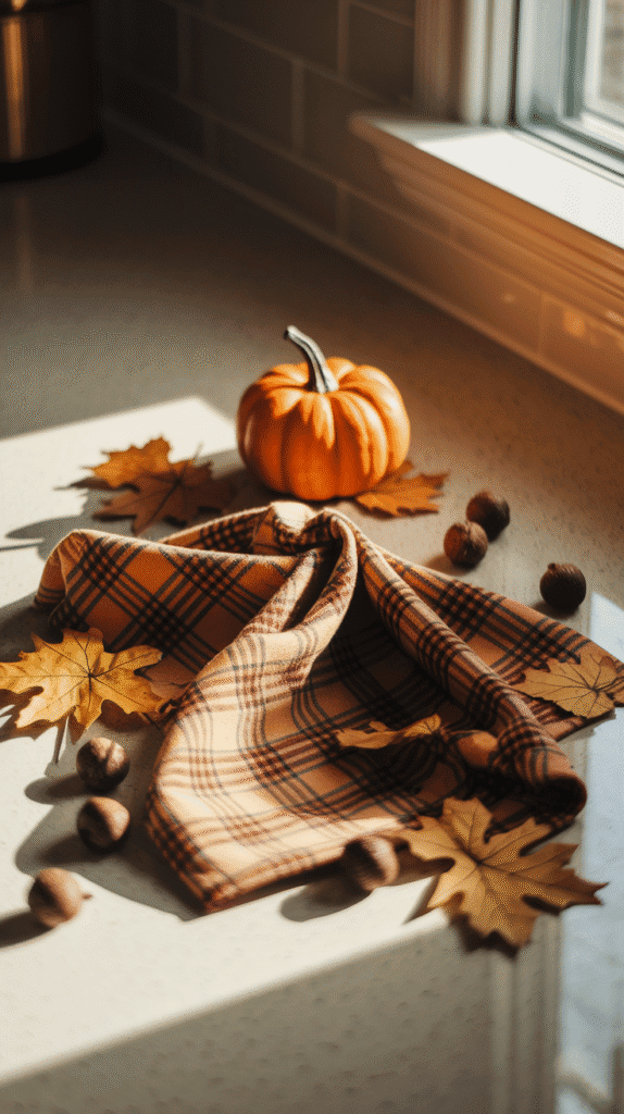 Fall kitchen decor countertops with plaid accents.