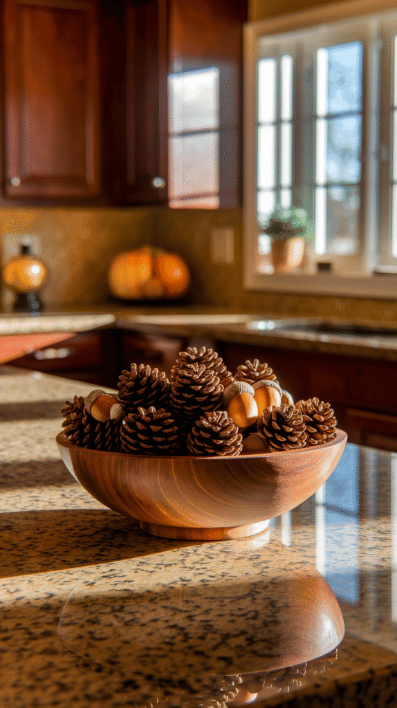 Fall kitchen decor countertops with natural elements.