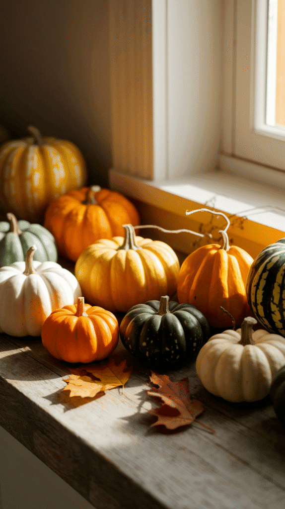 Fall kitchen decor countertops with mini pumpkins.