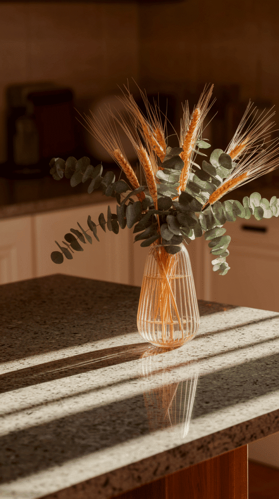 Fall kitchen decor countertops with warm florals.