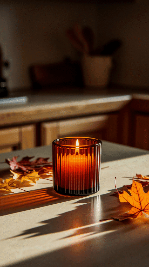 Fall kitchen decor countertops with a seasonal candle.