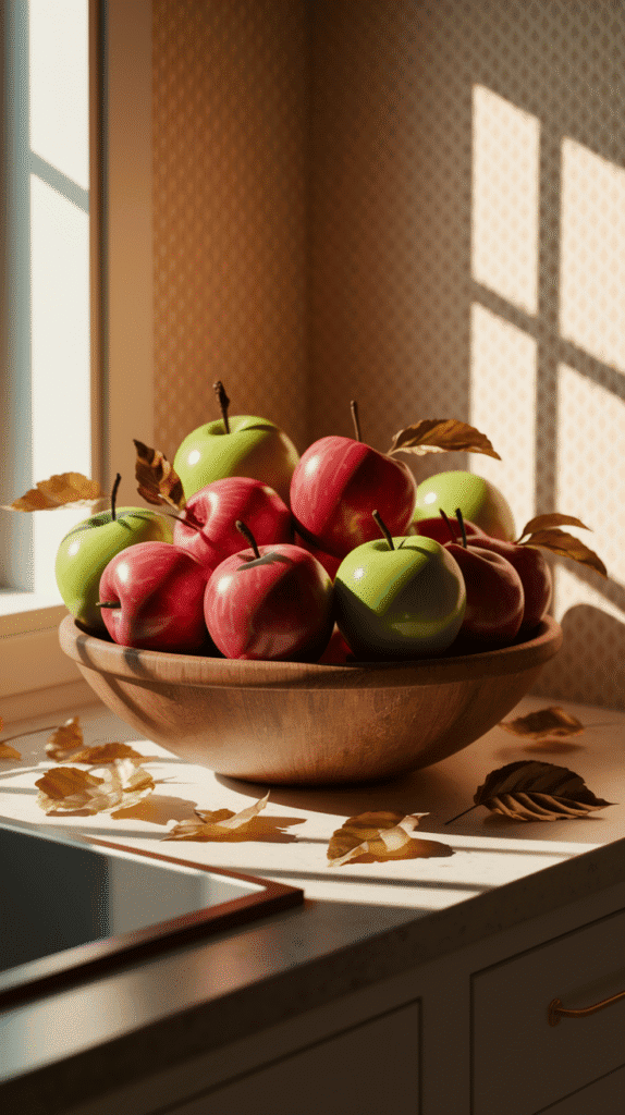 Fall kitchen decor countertops with seasonal fruit.