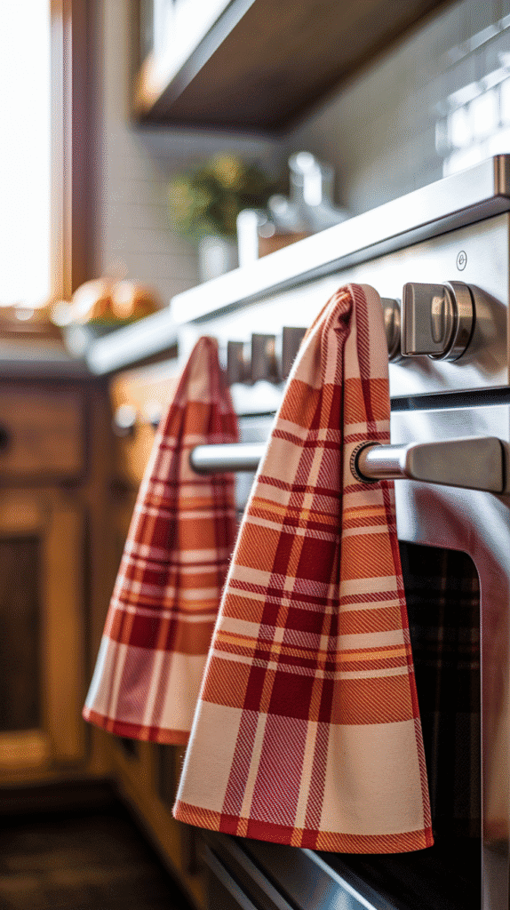 Fall kitchen decor countertops with themed towels.