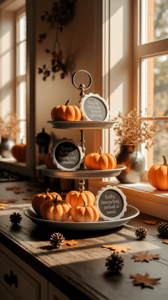 Fall kitchen decor countertops with a tiered tray.
