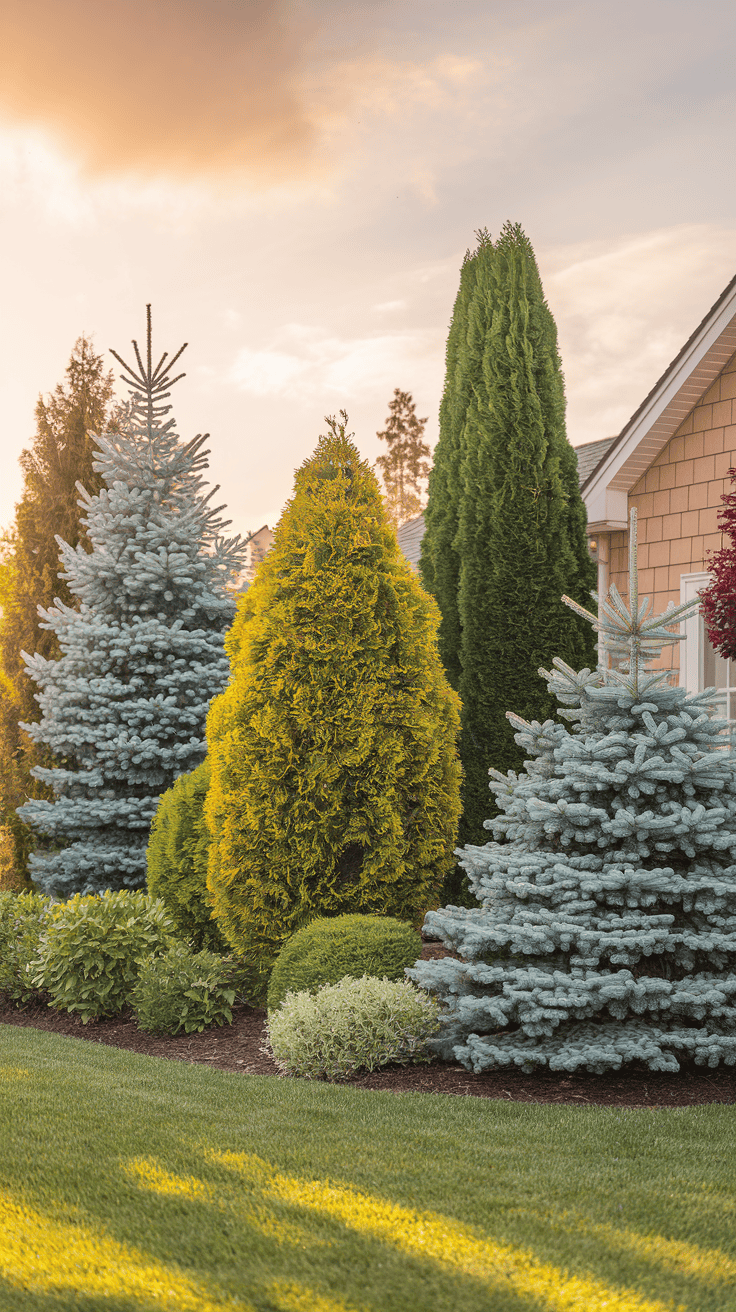 Diverse conifer collection providing evergreen structure in front of house landscape ideas for all-season visual impact