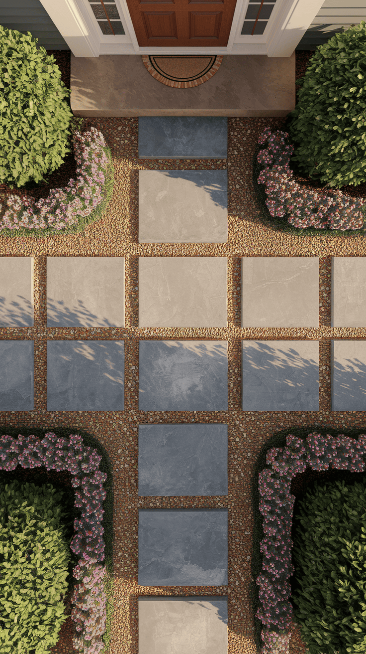 Modern geometric pathway combining concrete and gravel in creative front of house landscape ideas for enhanced curb appeal