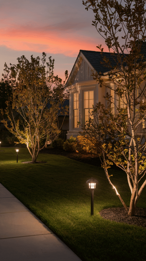 Professionally designed outdoor lighting scheme showcasing front of house landscape ideas that create nighttime drama and security