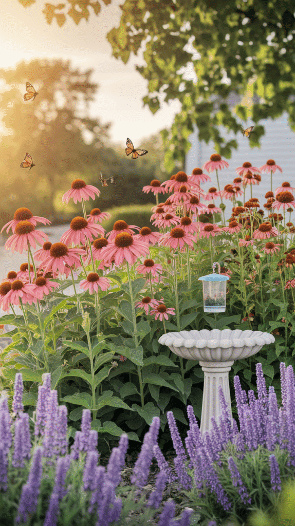 Vibrant pollinator garden station incorporating ecological front of house landscape ideas that attract wildlife while enhancing beauty