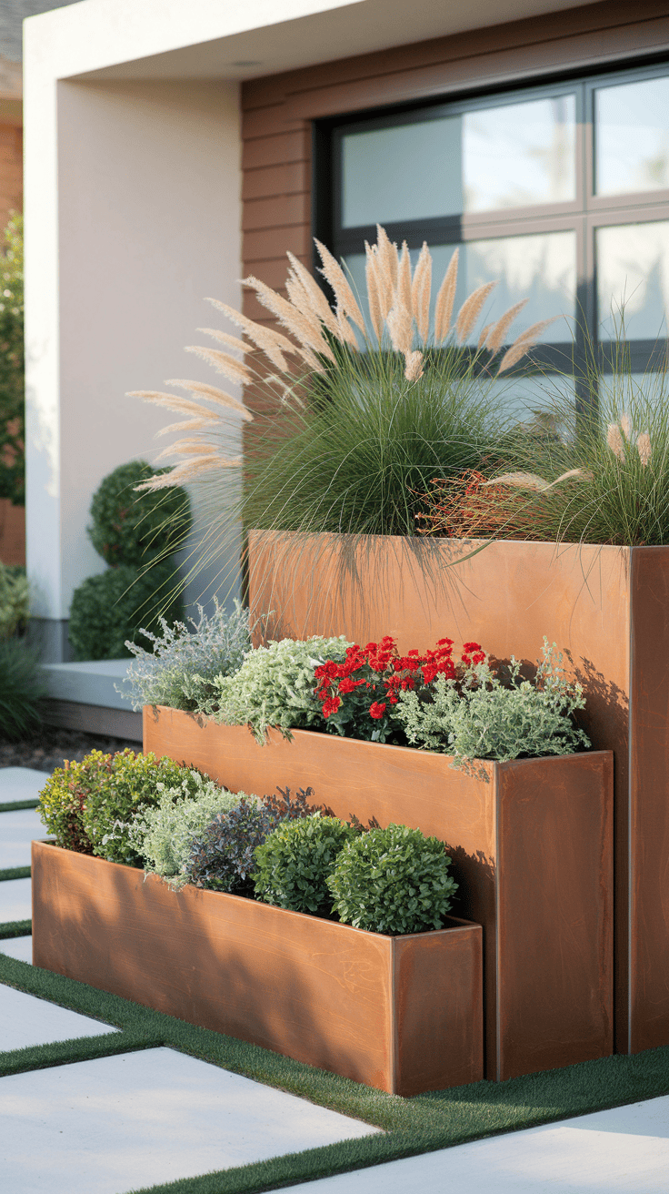 Architectural raised planters adding vertical interest to front of house landscape ideas for homes with limited space