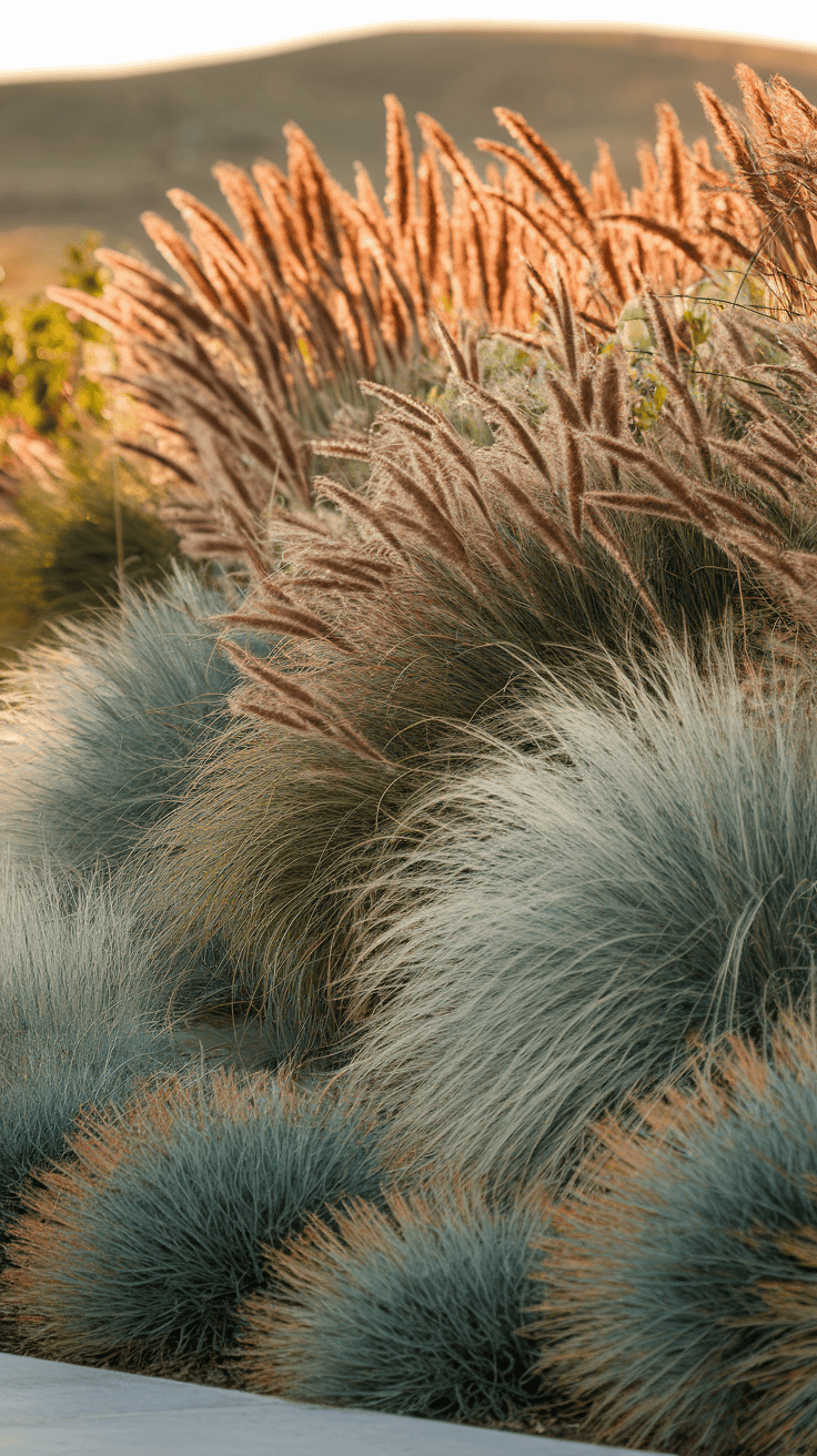 Dynamic ornamental grass display showing low-maintenance front of house landscape ideas that provide year-round visual interest