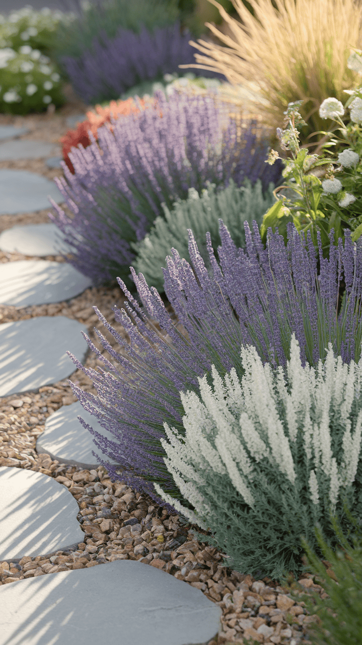 Lush and colorful water-wise garden proving that sustainable front of house landscape ideas don't have to sacrifice beauty