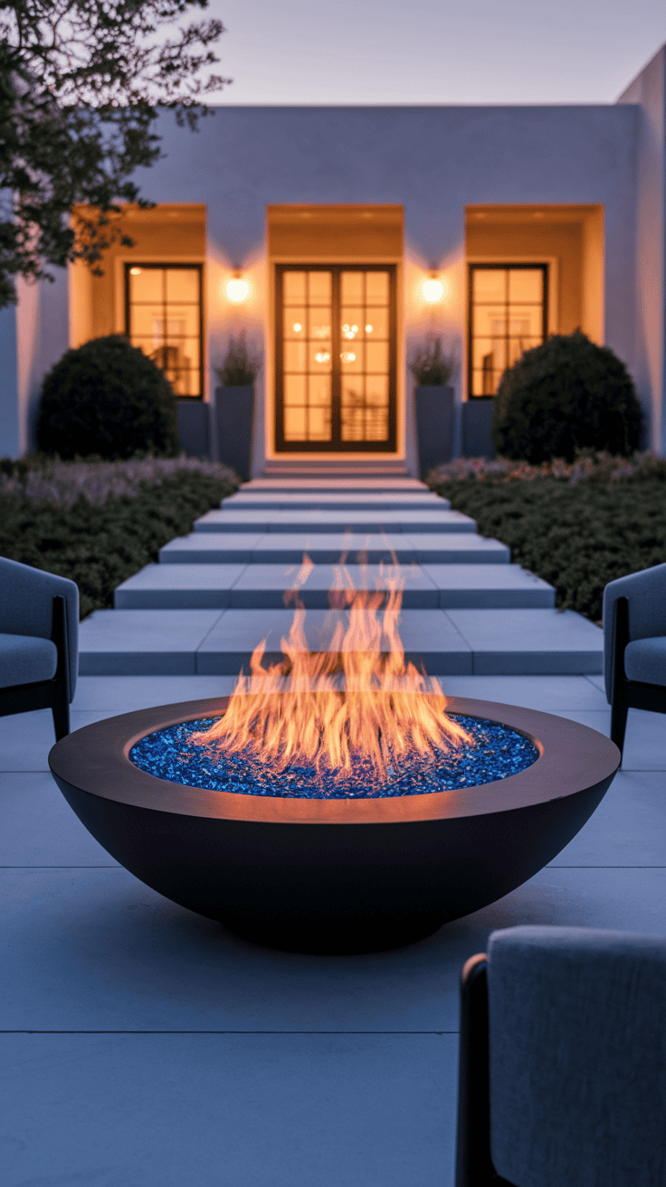 Contemporary fire bowl creating ambiance in innovative front of house landscape ideas for evening enjoyment and visual impact