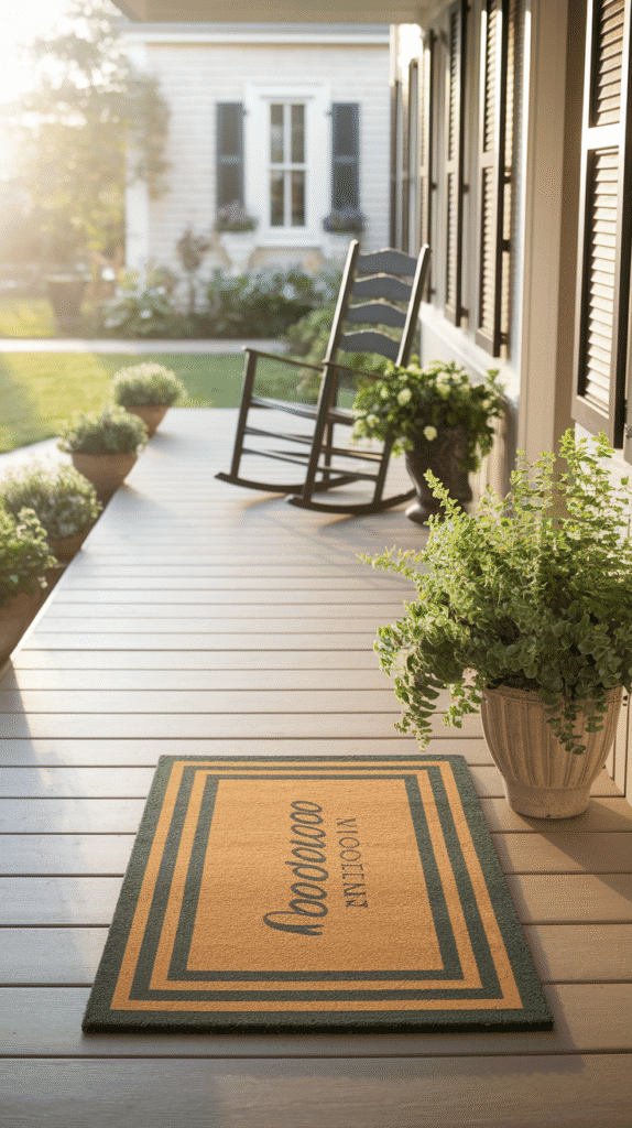 A creatively layered welcome mat on a front porch, highlighting effective front porch styling.