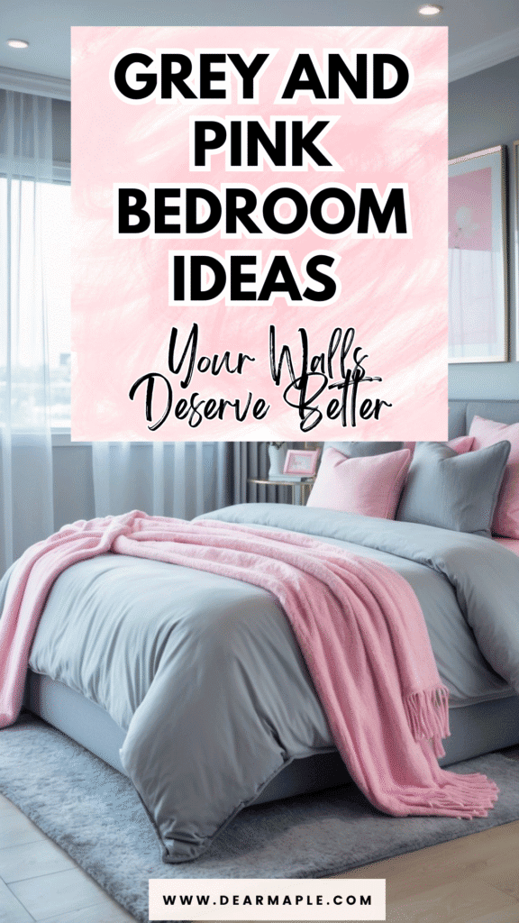Pinterest pin of grey and pink bedroom ideas