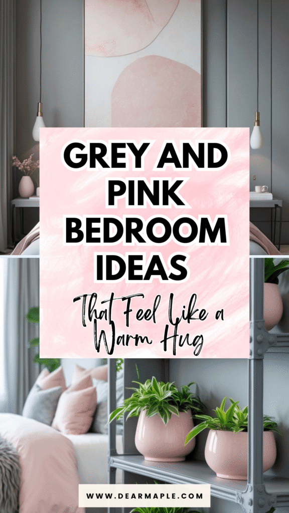 Pinterest pin of grey and pink bedroom ideas