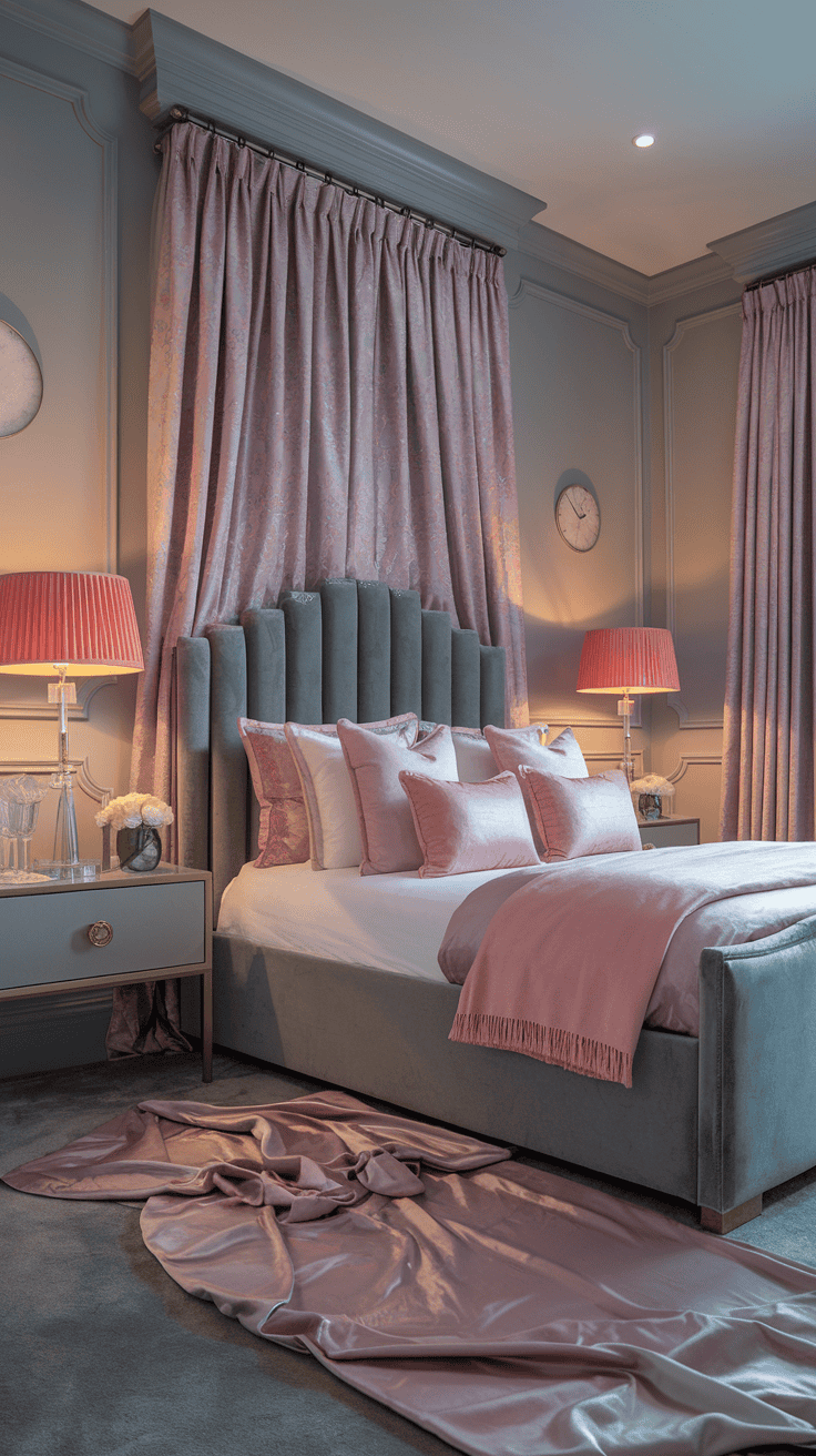 Grey and pink bedroom ideas - A stylish bedroom with soft grey walls and pink accents, featuring a grey upholstered headboard, pink patterned curtains, and luxurious satin pillows, showcasing a harmonious blend of colors and textures.
