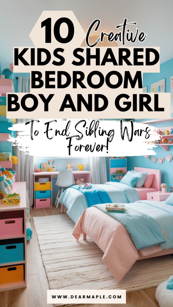 Pinterest pin of kids shared bedroom boy and girl