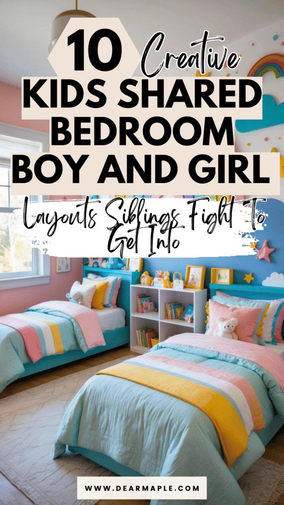 Pinterest pin of kids shared bedroom boy and girl