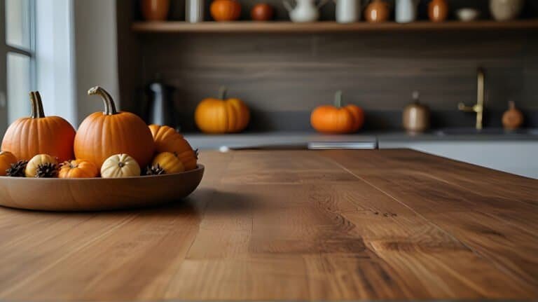 fall kitchen decor countertops -Wooden table and pumpkins, rustic kitchen interior with autumn fall decorations, blurred background. Selective focus and copy space