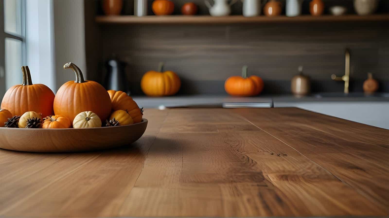 fall kitchen decor countertops -Wooden table and pumpkins, rustic kitchen interior with autumn fall decorations, blurred background. Selective focus and copy space