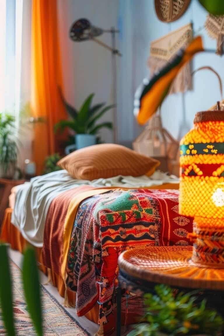 mexican bedroom ideas - Bohemian Bedroom With A Colorful Night Lamp And Eclectic, Vibrant Furnishings, Natural Colors
