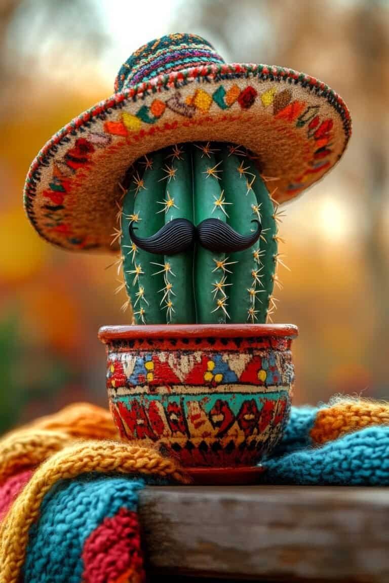 mexican kitchen decor ideas - Cactus with sombrero and mustache. A vibrant cactus dressed in a colorful sombrero and mustache sits in a decorated pot, capturing a playful, festive atmosphere.