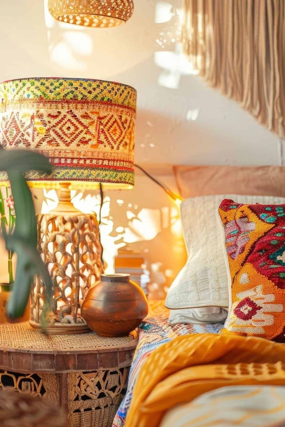 mexican style bedroom - Bohemian Bedroom With A Colorful Night Lamp And Eclectic, Vibrant Furnishings, Natural Colors
