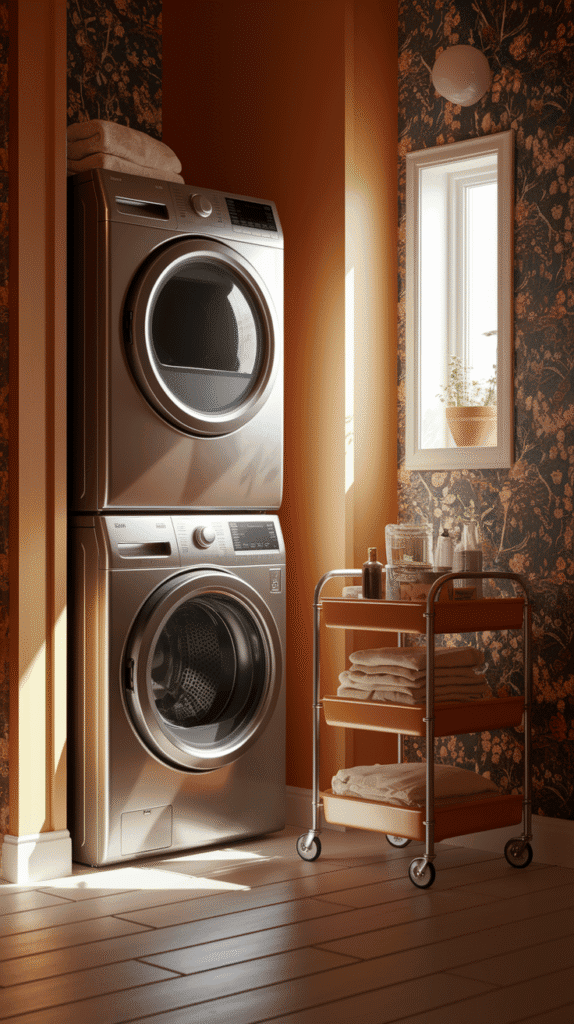"Efficient mini laundry room ideas with stacked washer and dryer and slim storage solutions."