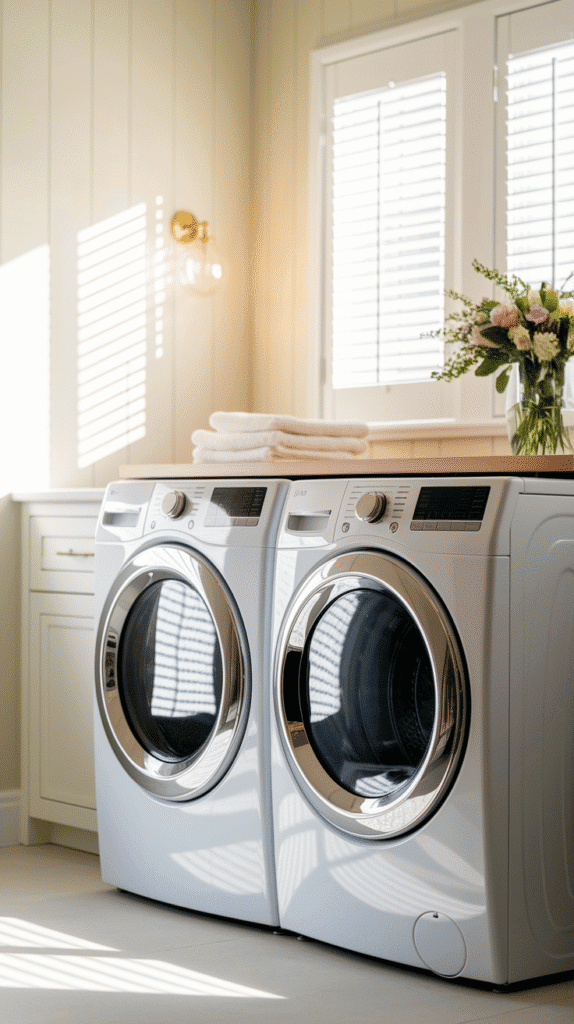 "Chic mini laundry room ideas with bright lighting and paint for a spacious atmosphere."