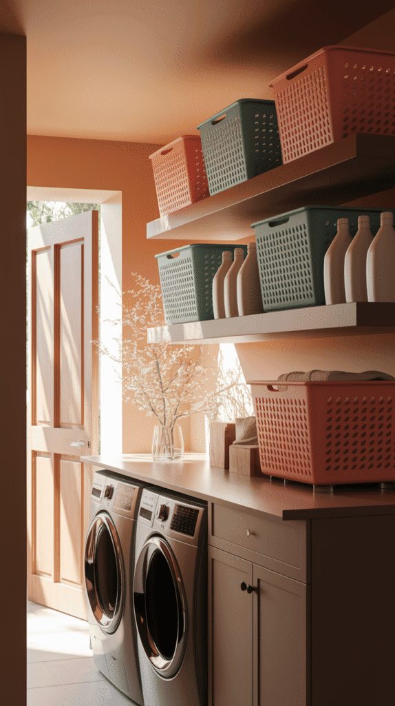 "Creative mini laundry room ideas with floating shelves for organized storage."