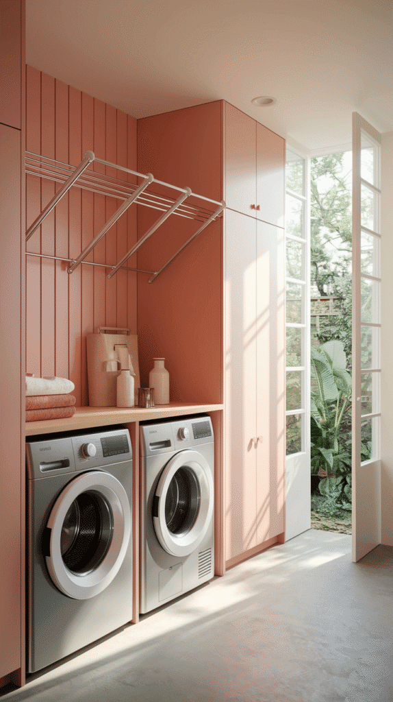 "Innovative mini laundry room ideas with a fold-down drying rack for efficient use of space."