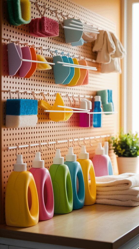 "Practical mini laundry room ideas with a pegboard for enhanced organization."