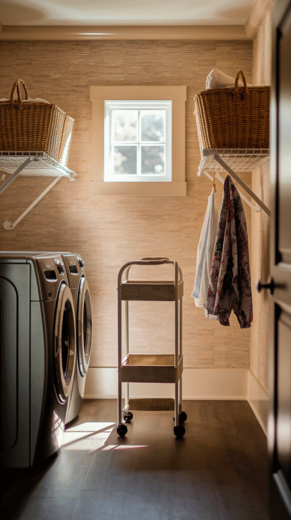 "Space-saving mini laundry room ideas with a rolling cart for easy access to laundry supplies."