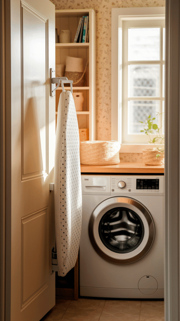 "Functional mini laundry room ideas with a space-efficient pull-out ironing board."
