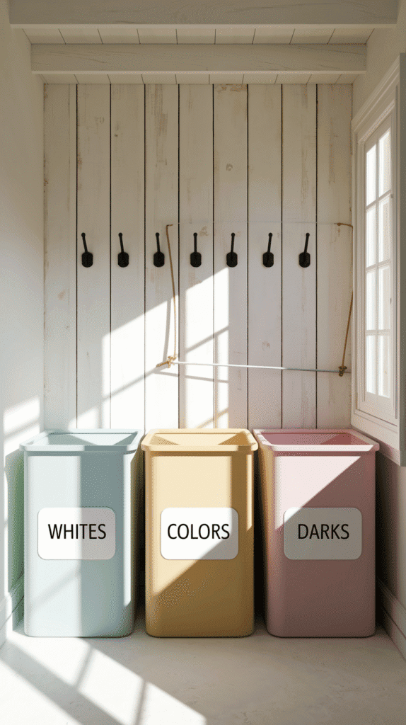 "Organized mini laundry room ideas with a categorized hamper system for easy sorting."