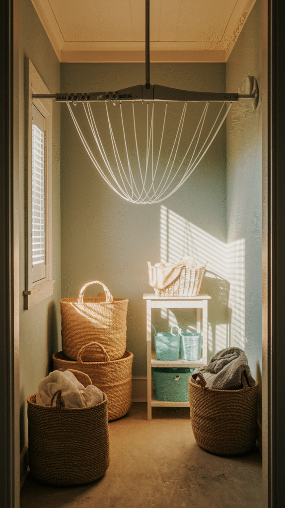 "Versatile mini laundry room ideas with a retractable clothesline for practical drying."