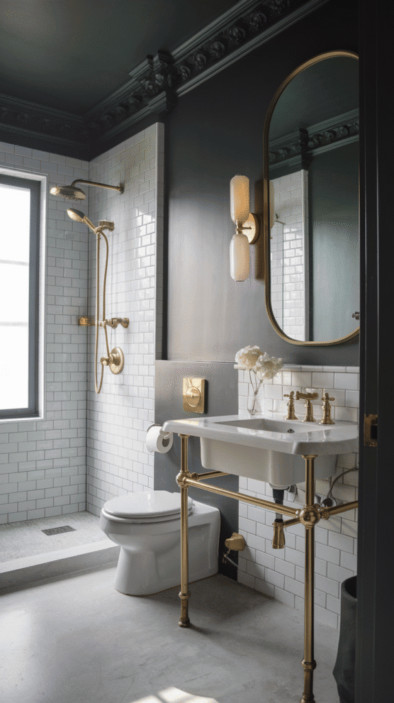 Charcoal gray walls with brass fixtures showcasing elegant moody bathroom decor in modern home