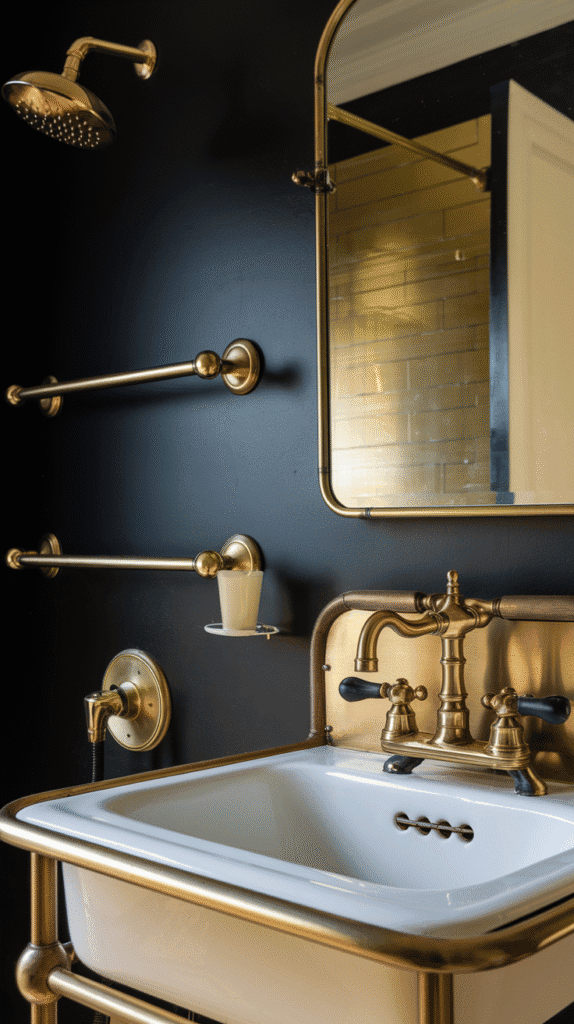 Brass and gold fixtures creating cohesive luxury moody bathroom decor aesthetic