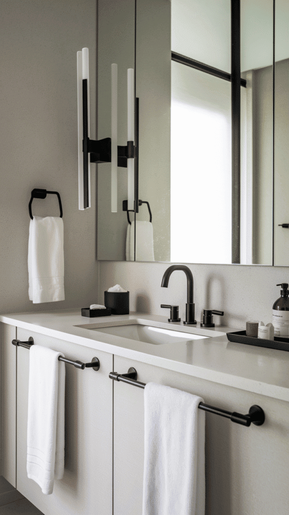 Matte black hardware adding sleek modern touch to contemporary moody bathroom decor