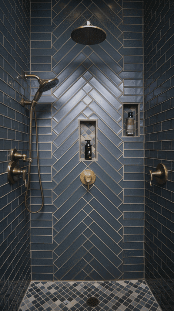 Dark subway tiles in herringbone pattern showcasing classic moody bathroom decor style