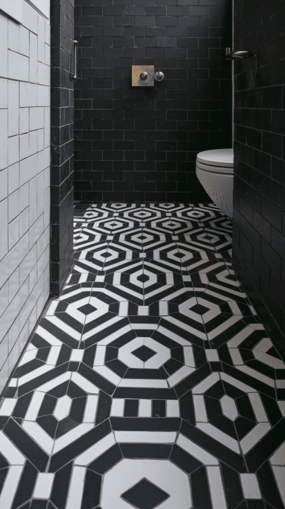 Bold geometric hexagonal tiles making striking statement in modern moody bathroom decor