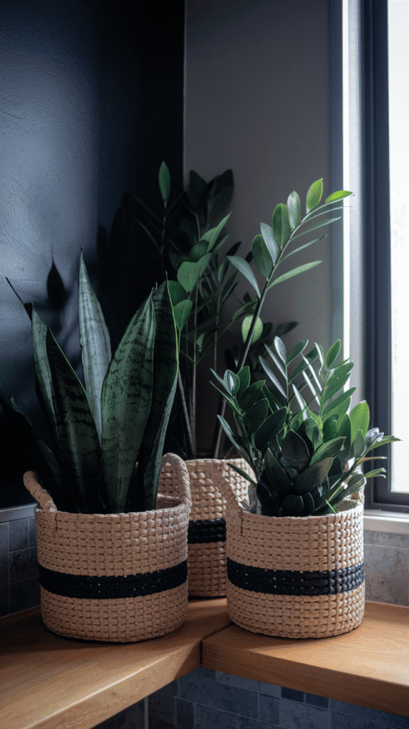 Low-light plants adding natural beauty and life to dark moody bathroom decor