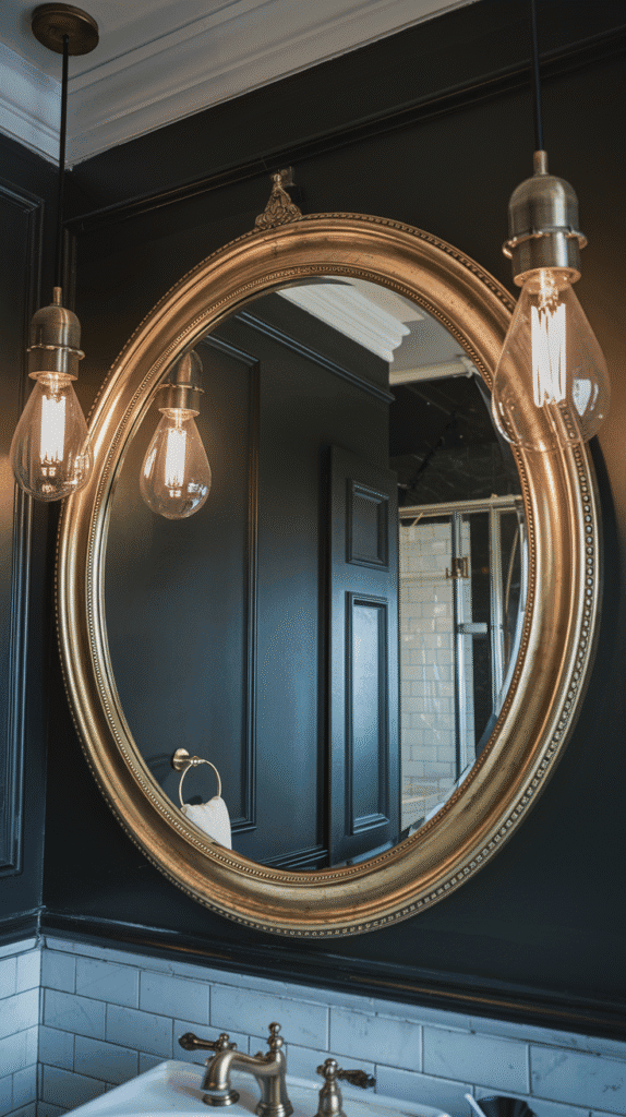 Oversized round mirror with brass frame completing elegant moody bathroom decor design