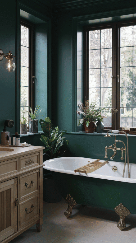 Forest green painted walls with brass accents creating nature-inspired moody bathroom decor