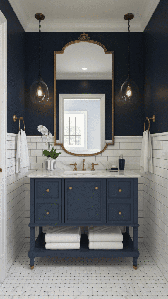 Navy blue walls with gold accents demonstrating sophisticated moody bathroom decor design