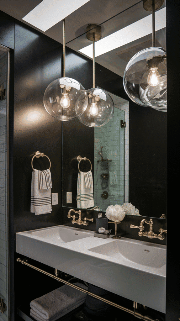 Statement pendant lights over vanity creating dramatic moody bathroom decor lighting